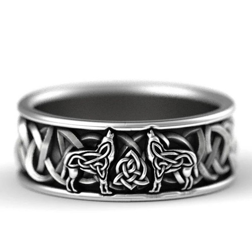 Celtic knot wolves ring band - celtic,